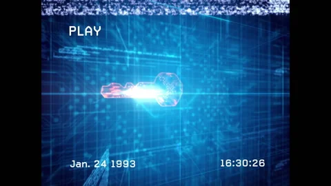 Futuristic digital key animation with date and time overlay on blue grid Stock Footage 304010555