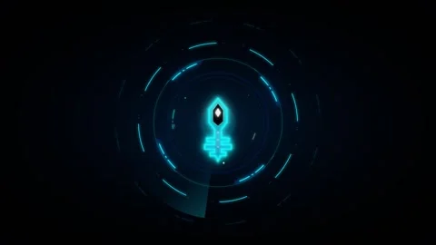 Futuristic digital key emblem with bright neon blue light inside a circular.. 動画素材 335826556