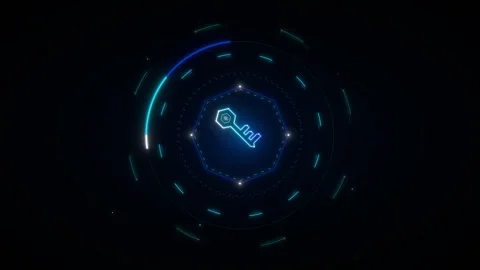 Futuristic digital key glowing with neon blue light within a circular HUD i.. 動画素材 335826564