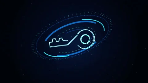 Futuristic digital key icon rotating in glowing blue circle on dark backgroun Video stock 346243873