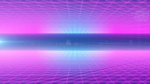 A futuristic digital landscape featuring vibrant neon pink and blue grid li.. 스톡 일러스트