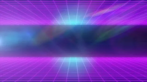 A futuristic digital landscape featuring vibrant neon pink and blue grid li.. Illustrazione stock