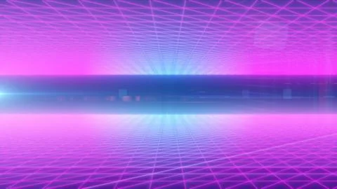 A futuristic digital landscape featuring vibrant neon pink and blue grid li.. Stock Photos