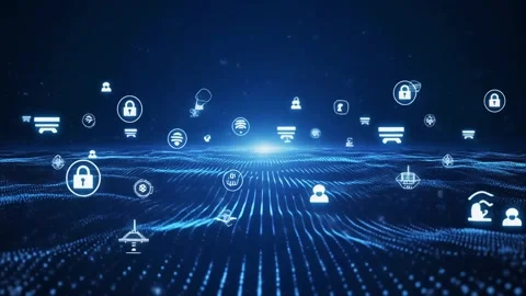 Futuristic digital landscape with glowing blue lines and security icons flo.. 库存影片 337874405