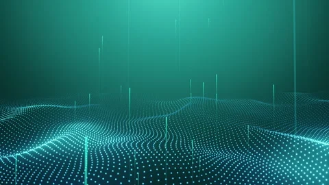 Futuristic digital landscape with glowing dots and vertical lines on green Stock Footage 318237138
