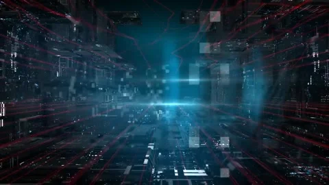 Futuristic Digital Landscape of a Virtual Cyber Space with Blue and Red Ill.. Stock Footage 341376071