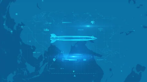 Futuristic Digital Map Interface Highlighting Missile Technology and Global.. Stock Footage 342292038