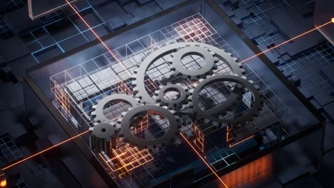 Futuristic digital mechanical gears rotating inside computer processor with.. Vídeo Stock 332151608
