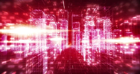 Futuristic digital metropolis with wireframe buildings leading to data center. Stock Footage 324735345