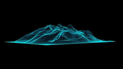 Futuristic Digital Mountain Range in Neon Wireframe on Black Background Illustrazione stock