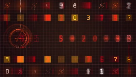 Futuristic Digital Neon Grid, Numeric HUD Circular Target Visualization Video stock 323440479