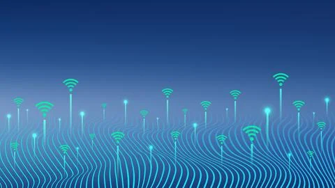 Futuristic digital network background with glowing green wifi icons and blu.. Stock Illustration