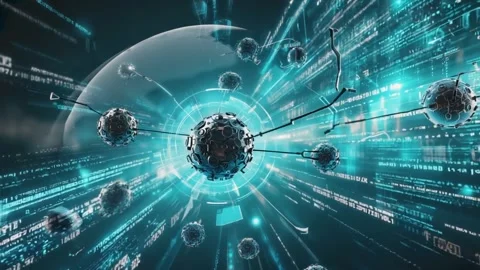 Futuristic digital network connecting abstract spheres with glowing data st.. Stock Footage 321340524