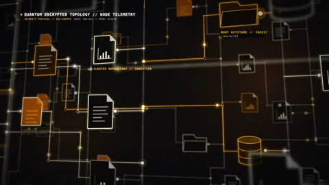 Futuristic digital network displaying secure data transfer, quantum encrypted Stock Footage 348390542
