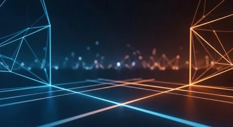 Futuristic digital network with glowing geometric connections and grid lines Stock Illustration