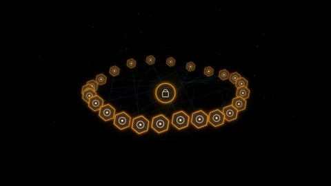 Futuristic digital network with glowing orange hexagons and lock Stock Footage 348005653