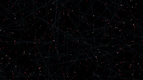 Futuristic digital network of glowing red particles and connecting lines on Stock Footage 334138451