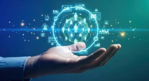 Futuristic digital network sphere glowing brightly held in a human hand Stock Illustration