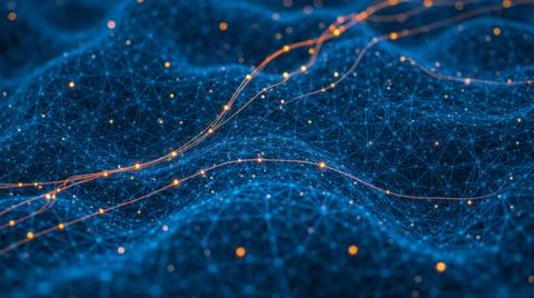 Futuristic digital network visualization with interconnected nodes and lines, Stock Illustration