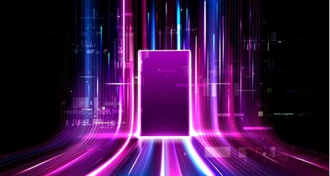 Futuristic digital open door, glowing neon portal Stock Illustration