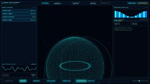 Futuristic Digital Orbital Telemetry Dashboard with Holographic Globe Interface Vídeo Stock 348067540