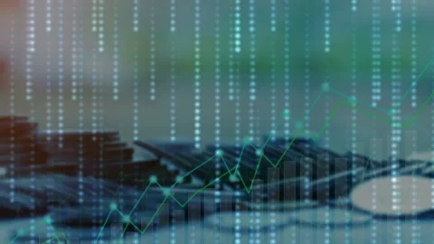 Futuristic digital overlay of binary code and network lines scrolling over b Stock Footage 327314730