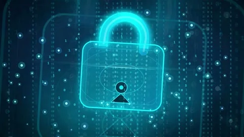 Futuristic Digital Padlock Animation with Binary Code and Glowing Blue Cyber Video stock 343160755