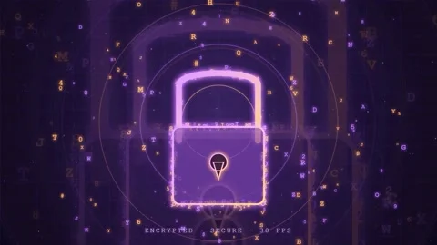 Futuristic Digital Padlock Animation with Glowing Purple Data Streams and Cyber Stock Footage 343154351
