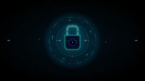 Futuristic digital padlock with glowing neon blue circuit lines and target .. 動画素材 335826732
