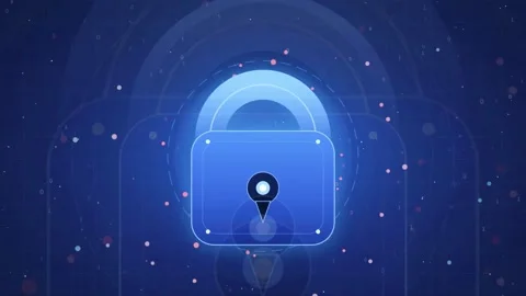Futuristic Digital Padlock Icon Glowing on Blue Cyber Security Background with Stock Footage 343154830