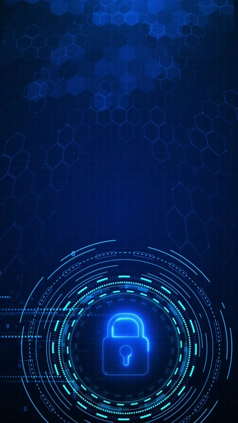 Futuristic digital padlock visual neon rings, data bars, hexagonal grid shapes, Stock Footage 340452551