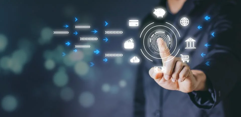 Futuristic digital processing of biometric identification fingerprint scann.. Stock Photos