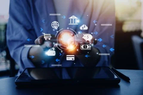 Futuristic digital processing of biometric identification fingerprint scann.. Stockfoto's