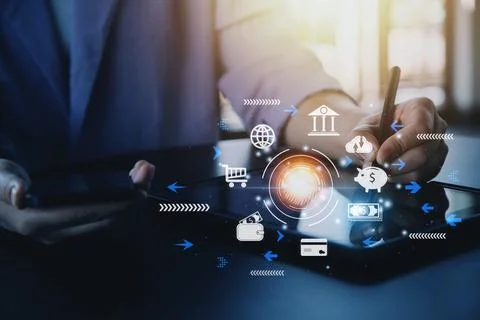 Futuristic digital processing of biometric identification fingerprint scann.. Stockfoto's