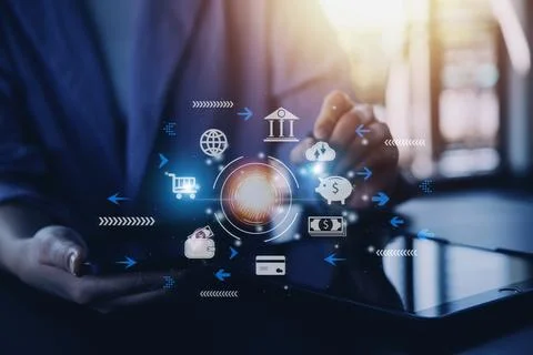 Futuristic digital processing of biometric identification fingerprint scann.. Stockfoto's