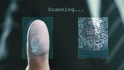 Futuristic digital processing of fingerprints as man holds his hand against a Stock Illustration