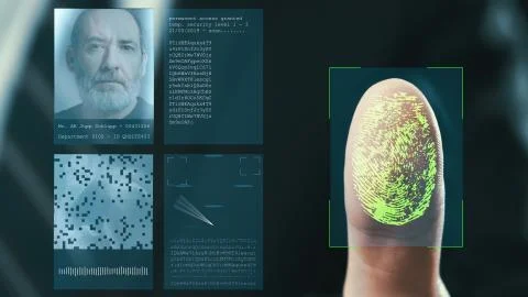 Futuristic digital processing of fingerprints as man holds his hand against a Stock-Illustration