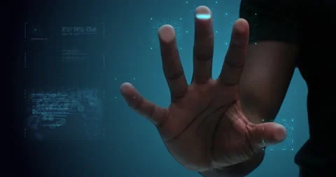 Futuristic digital processing of fingerprints as person's hand presses against a Stock Footage 199459405