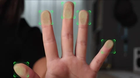 Futuristic digital processing of fingerprints as person's hand presses Stock Footage 241286322
