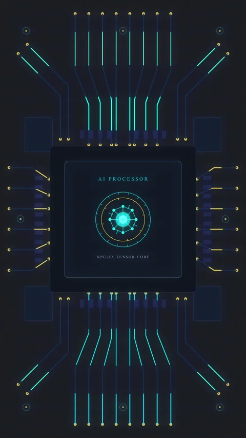 Futuristic digital processor chip with glowing neon interface Stock Footage 347567777