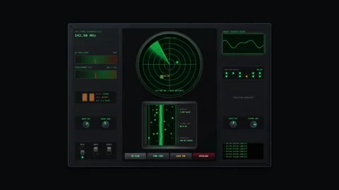 Futuristic Digital Radar Control Panel Interface with Green Indicators Stock Footage 348067527