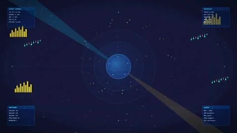 Futuristic Digital Radar Interface with Data Analysis Charts and Scanning HUD Stock Footage 340218606