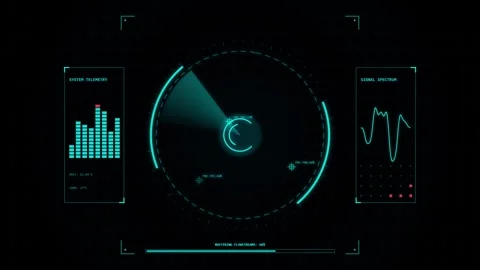 Futuristic digital radar interface displaying rotating sensor data on black.. Stock Footage 344835430