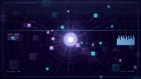 Futuristic Digital Radar Interface with Glowing Data Points and HUD Elements on Stock Footage 343168674
