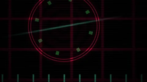 Futuristic Digital Radar Scanner Interface with Neon Green Beam and Red Circl Stock Footage 343698819