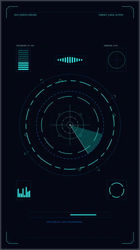 Futuristic digital radar sweep animation interface with cyber hud elements Stock Footage 347567970