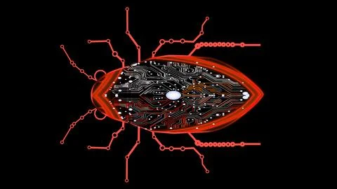 Futuristic digital red Bug wiggle and mirco processer circuit on black isolat Stock-Illustration
