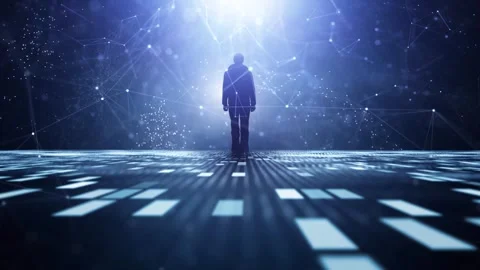 Futuristic digital road with a standing man loop animation Stock Footage 345330634