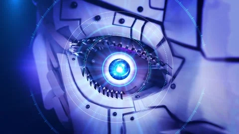 Futuristic digital Robot eye scan particles cyber technology animation. 3D Stock Footage 333970451
