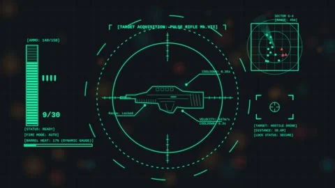 Futuristic digital scanner interface with radar screen and data metrics display Stock Footage 340874852